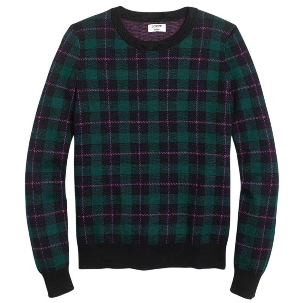 J. Crew Tartan Teddie plaid green and pink women’s sweater SZ L fall, academia